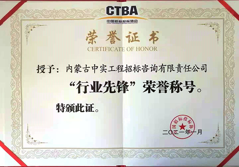 中國招標投標協會“行業先鋒”榮譽證書